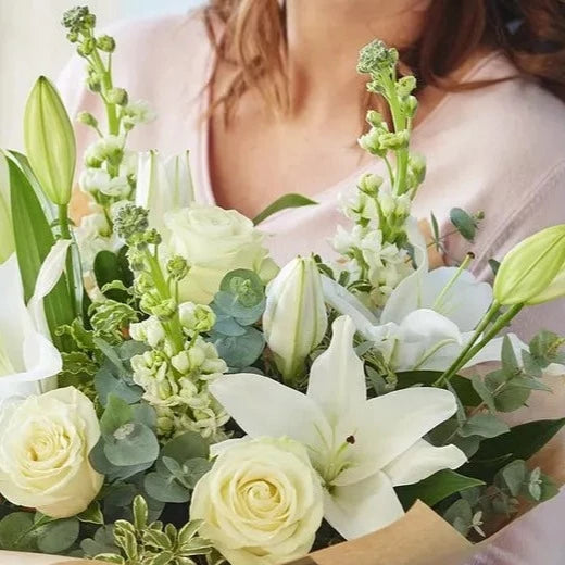 Blooms Florist Basingstoke white Rose and Lily Bouquet