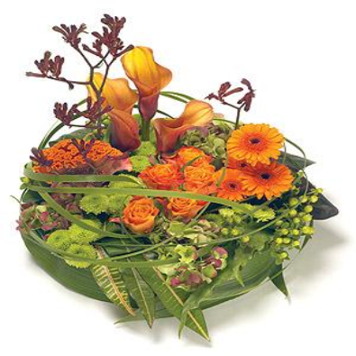 Faye - Funeral Posy - Orange, Green and Bronze Flowers.